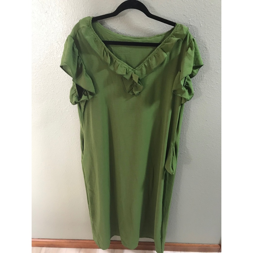 NWOT Green Ruffle V-Neck Flutter Sleeve Midi Shift Dress with Pockets XL
